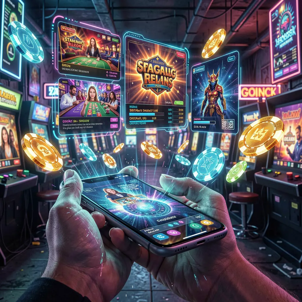 Futuristic casino scene with glowing chips and holographic game elements emerging from a smartphone using the 19OK app in Bangladesh