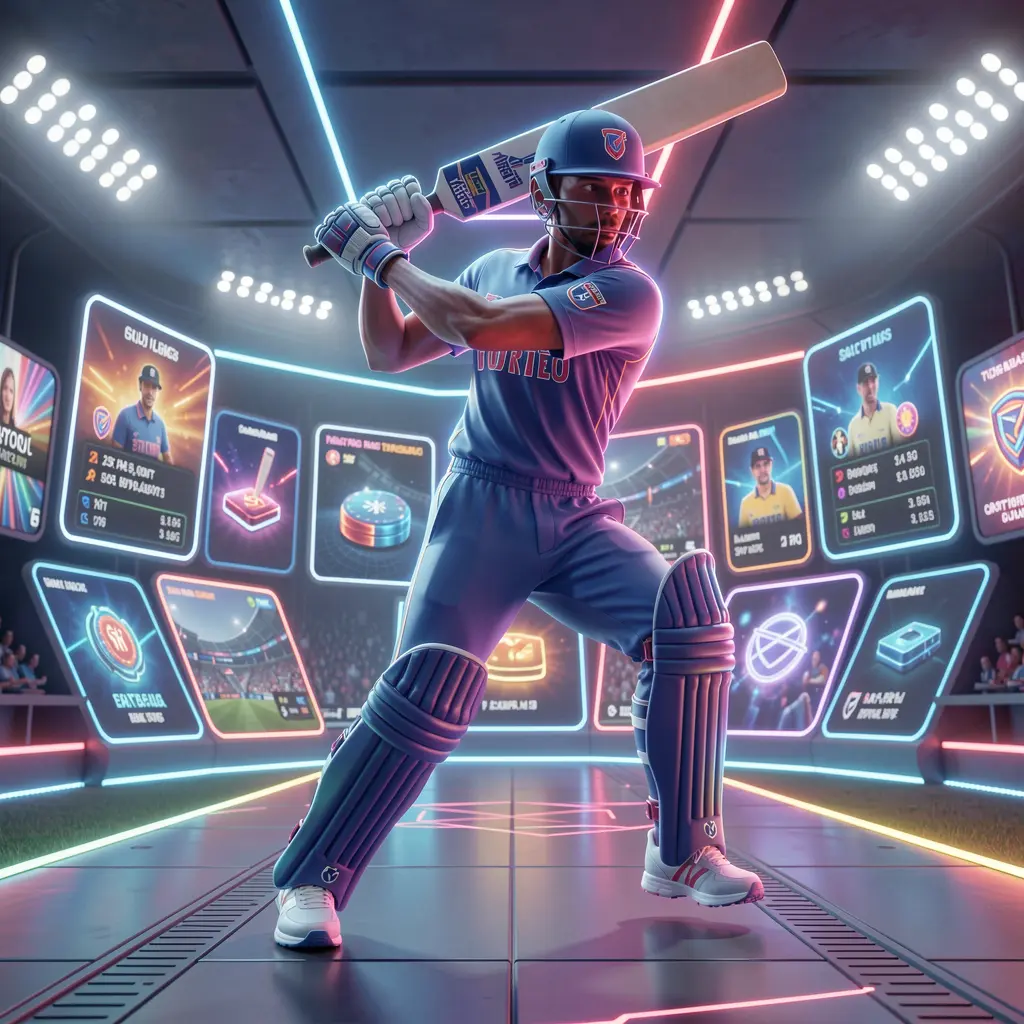 Futuristic neon cricket player in motion with glowing effects highlighting immersive sports betting on 19OK in Bangladesh