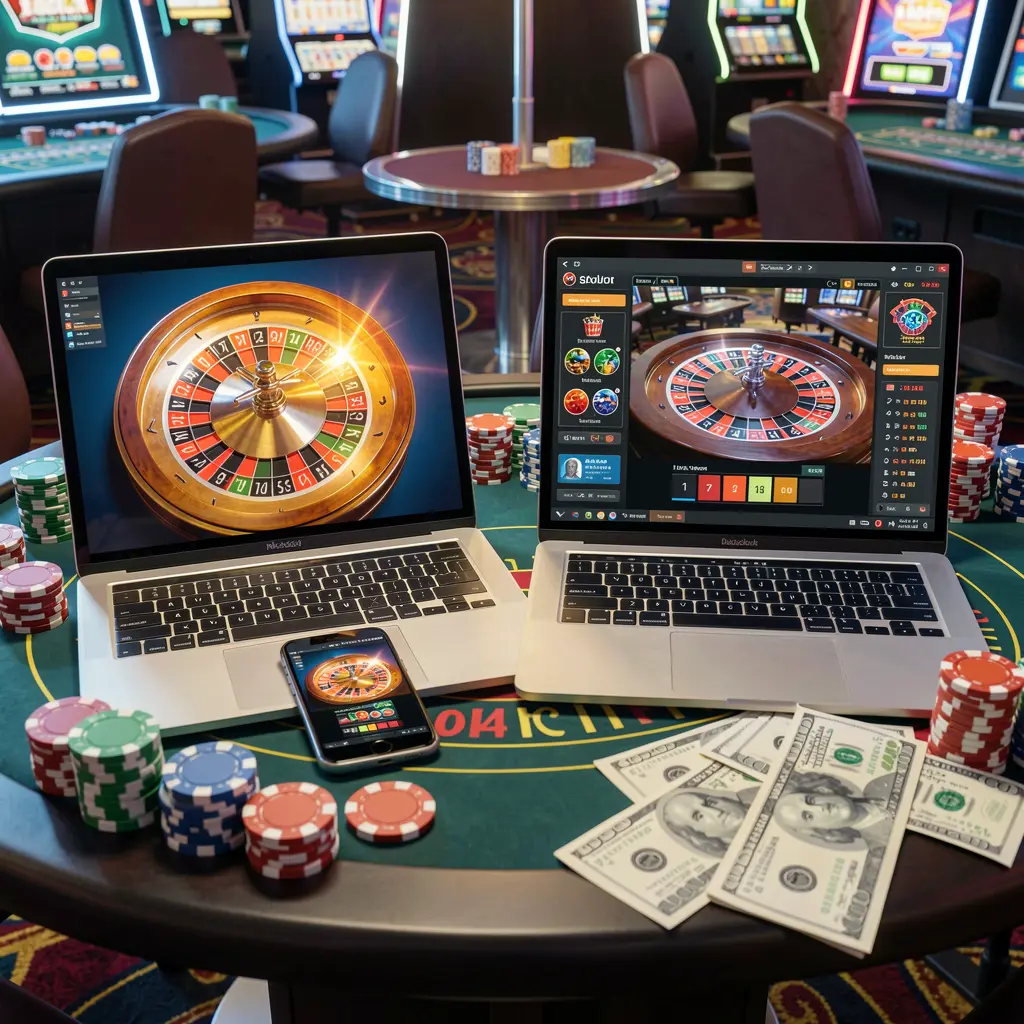 Modern casino setup with a laptop and smartphone displaying an online roulette wheel surrounded by colorful chips representing immersive gaming on 19OK in Bangladesh