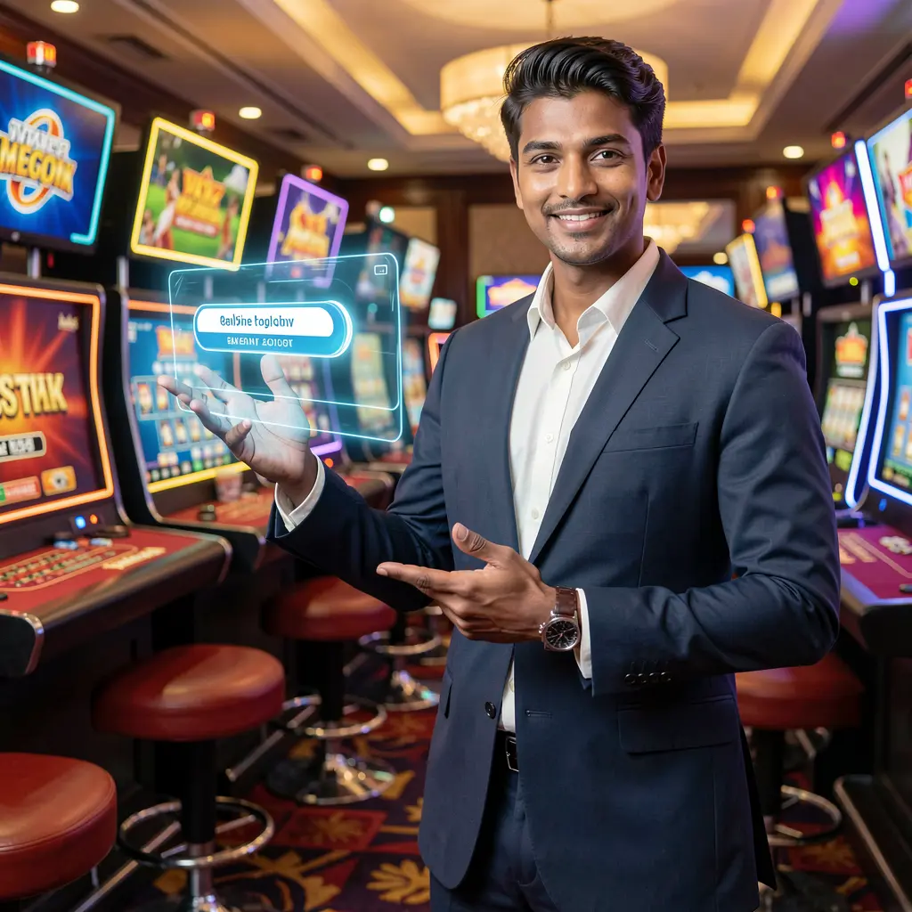 Professional Bangladeshi casino dealer pointing at a glowing holographic login button in a vibrant 19OK casino atmosphere